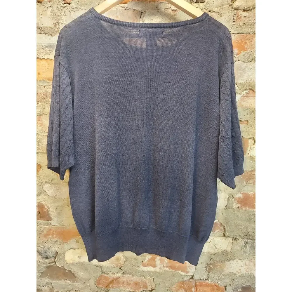 Yarnworks Pullover Sweater XL Navy Blue Cable Knit Short Sleeve Cotton Blend